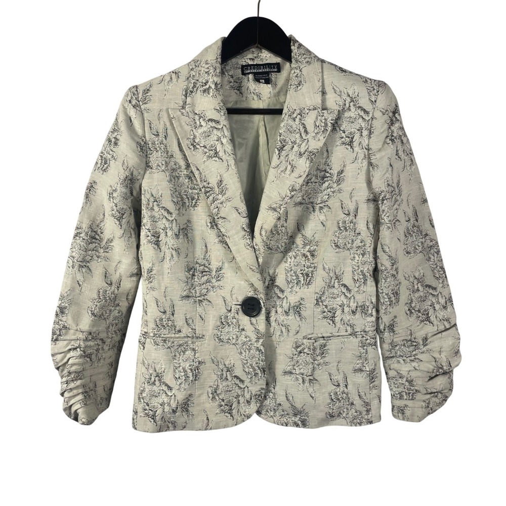 Credibility by Sher Drobnick Floral Textured Blazer Ruched Sleeves Women 8 Cream
